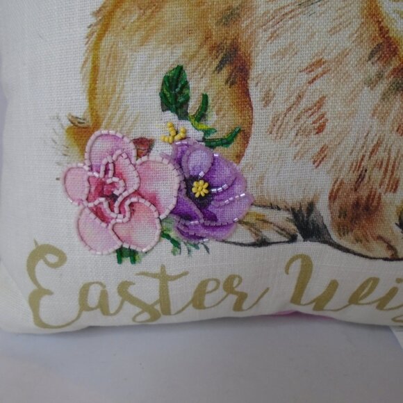 Bunny Kisses Easter Wishes Pillow with beaded accents 16x16" Bunny Floral - Picture 4 of 6